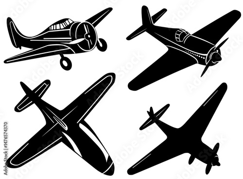 A set of air vehicles and flying transportation, including retro planes as black silhouettes, modern airplanes with propellers, and vintage military or civil aircraft, isolated on a white background