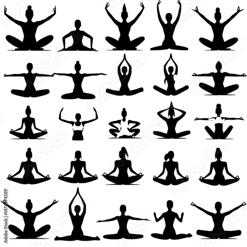The image features a big set of silhouettes of a woman engaging in different yoga exercises, with icons of a girl in various stretching and relaxing poses, all in black isolated on a white