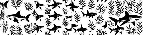 A seamless pattern of sea corals, sponges, and seaweed is presented as a marine life background