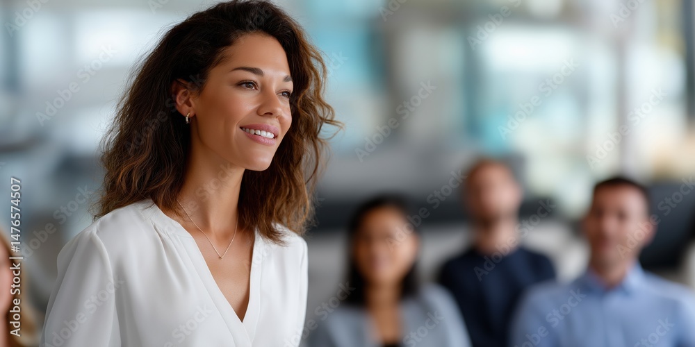 A woman with curly hair is smiling at the camera. She is wearing a white shirt and a necklace. Concept of happiness and positivity A woman with curly hair is smiling at the camera. She is wearing a white shirt and a necklace. Concept of happiness and positivity