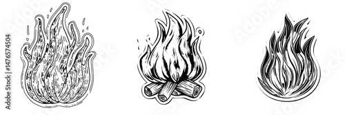 A classic flame icon, represented by a colorful, hand-drawn fire symbol, is paired with a retro grunge sketch of a fireplace and a graphic logo mockup, evoking a burning blaze, with a red and orange