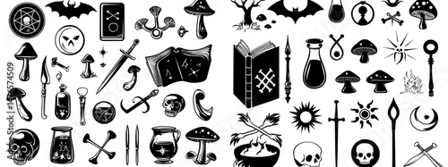 The set comprises a witch ball, magic crystals, and a black cat, along with a human skull and an assortment of esoteric occult symbols, creating a medieval-inspired magical Halloween collection with