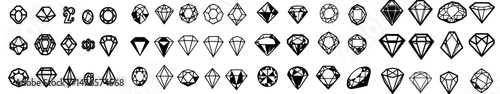 Geometric luxury symbols and brilliants are represented by diamond icons and shapes in jewelry, along with isolated lines and silhouettes of modern gemstones