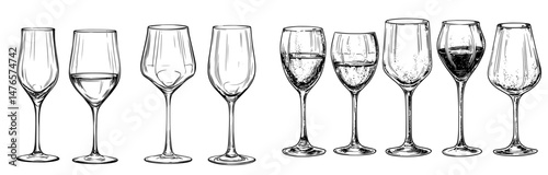 Realistic wine glass designs are represented by empty transparent crystal shiny high and round wineglasses, which are types of 3D stemware for serving grape alcohol beverages in a modern classic bar