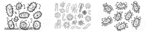 A set of modern microorganisms representing infection, depicted as cartoonish virus or microbe cells with humorous faces, caricaturing flu disease bacteria as microscopic monsters and pathogen