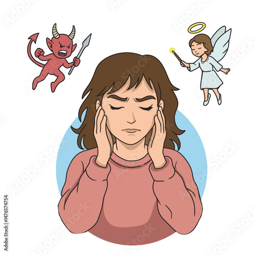Confused woman with conflicting shoulder angel and devil. Cartoon style