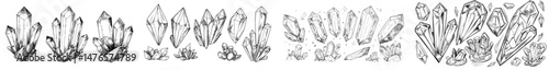 Line crystal stone. Outline polygon minerals. Rock and gem sketches. Geometric gemstone drawing. Precious topaz and aquamarine. Natural geological shape. Modern isolated rhinestones set