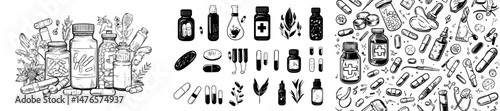 Pharmacy containers, bottles with drugs, pills blisters, medical vials and jars, remedy capsules, and painkiller or antibiotic tablets make up a cartoon medicine set