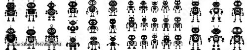 Silhouettes of robots and droids are depicted as stock toys, showcasing isolated modern black figures with distinct features such as antennas, spring legs, wheels, and manipulator arms, highlighting