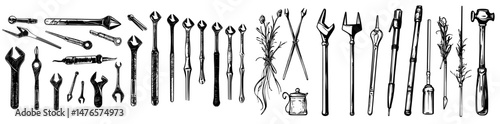 The handyman workshop is equipped with a work toolkit for maintaining houses, handmade job equipment, construction and carpentry tools, such as hammers and shovels, and a set of silhouettes of modern