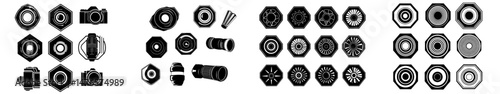 Icons representing camera lens diaphragm aperture, along with animations of the shutter, are key elements in modern photography, including the focus of a photo camera lens diaphragm and aperture