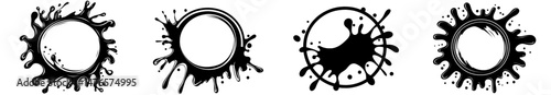 The design collection features paint blobs, black ink spots, and brush strokes, along with dirty grunge stains and stencils that incorporate halftone dotted elements, all presented in a modern and