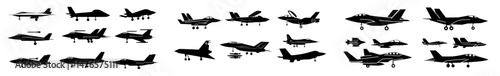 A set of icons featuring military aircraft, including fighters and bombers, is presented in silhouette form on a white background, created with modern illustration techniques
