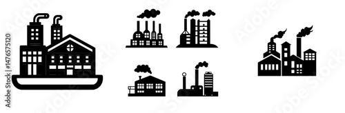A modern icon of a factory or industrial plant building is depicted, symbolizing energy and power with its chimney and smoke, often representing an oil refinery or chemical factory