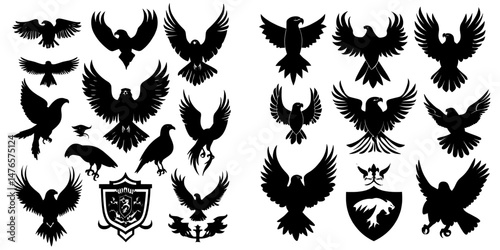 The heraldic eagle, a modern icon of Gothic heraldry, is frequently depicted alongside hawks and falcons, with black silhouettes of these birds shown with their wings spread, attacking with their