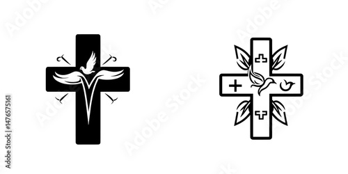 The Christian confession or church sign incorporates a Holy Spirit bird silhouette symbol, accompanied by a dove, church, and cross, forming a modern emblem