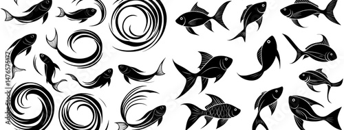 A modern representation of a school of fish, including herring, salmon, or tuna, swimming together in the deep ocean in rounded or wavy shoal formations