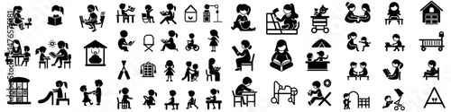 A set of people icons representing kindergarten and elementary school is available, where kids have fun while learning in an educational setting and engaging in various activities, depicted in modern