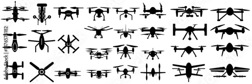 A collection of modern drone silhouettes is presented on a white background in EPS10 format