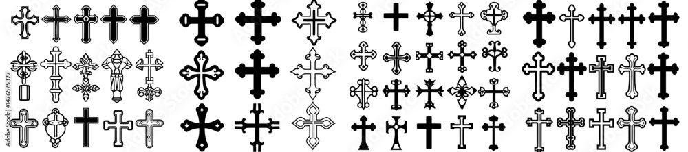 A black Christian cross is part of a church symbol featuring Jesus, including crosses and crucifix silhouettes, as well as holy graphics and Catholic and Orthodox symbols in a modern and decent