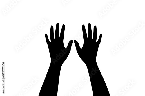 People's hands are raised, depicted as silhouettes of volunteer hands, conveying a team concept on a white background, symbolizing the unity of a human community in celebration, happiness, and