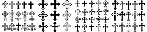 A black Christian cross is part of a church symbol featuring Jesus, including crosses and crucifix silhouettes, as well as holy graphics and Catholic and Orthodox symbols in a modern and decent