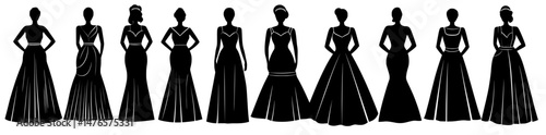 The collection of fashion symbols or logos features a set of modern dress icons, including a sign with a frock illustration