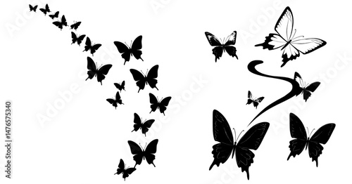 Blue moth silhouettes form an abstract background for a flock of butterflies in flight