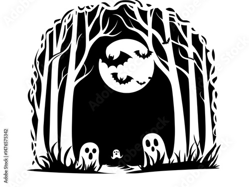 A papercut landscape for Halloween showcases the Grim Reaper, symbolizing death, amidst a cemetery with various graves, crosses, and stones, while bats fly overhead under the light of a full moon,