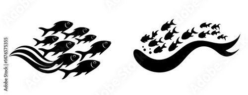 A modern silhouette of marine fish in a flock, a swirling emblem of seafood, and an abundance of fish are on display