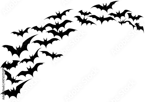 A winged swarm of spooky fauna creatures, including flying Halloween bats, forms a group flow that can be used as a graphic design element on a white background