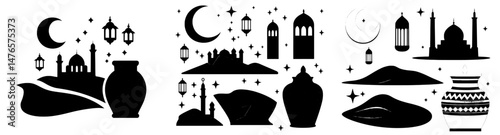 Islamic architecture's distinctive decorative design is characterized by Oriental style windows with a moon, mosque domes, and plants, as well as Arabic door silhouettes and modern bohemian elements