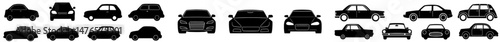 The front view symbols of cars, vehicles, and automobiles, including sedans and vans, are showcased in a simple icon collection isolated on a white background