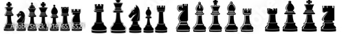 A collection of contemporary chess icons featuring a black silhouette with various chess pieces, including the king, queen, pawn, horse, and rook, available in 10 modern Eps formats