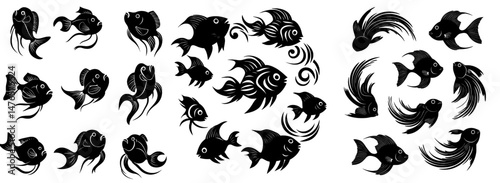 A modern representation of a shoal or school of fish, such as herring, salmon, sardines, or tuna, is shown in a rounded frame or wave silhouette, isolated in sea or ocean water