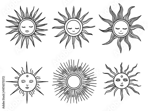 The bohemian sun icon is represented by a minimalist design featuring golden rays, a minimalist moon, and celestial beams, all part of a summer sunburst logotype collection with a modern monochrome
