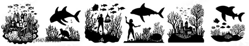 An underwater landscape featuring a whale, a sunken ancient city, corals, and seaweeds, set against a deep-water ocean background with modern sea elements, undersea shipwrecks, and fish amidst the