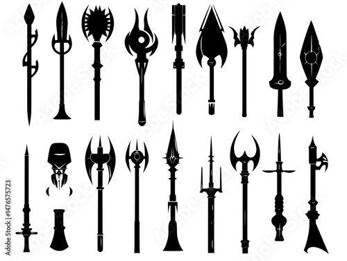 Modern black weapon silhouettes include guns, knives, grenades, firearms, and melee weapons like rifles, shotguns, sniper rifles, machine guns, pistols, assault rifles, swords, machetes, axes, and