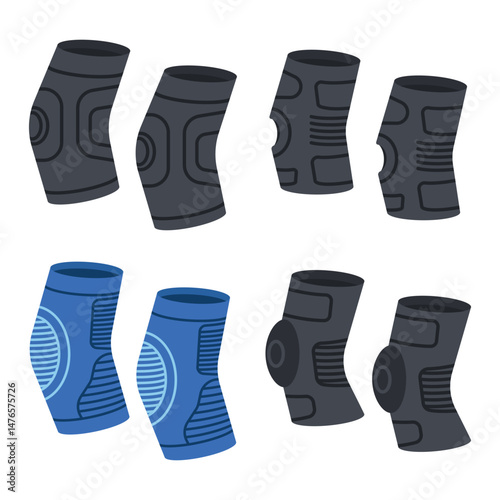 Knee braces vector cartoon set isolated on a white background.