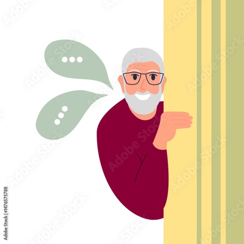 Modern old senior man. Happy elderly curious person looking from behind door. Trendy aged retired character. Old man peeping, watching and spying on someone. Vector illustration 