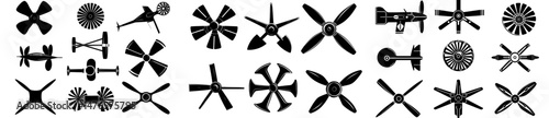 Icon representing boat propellers and screws, along with symbols for marine or airplane turbines, including rotating ship motors and fan silhouettes