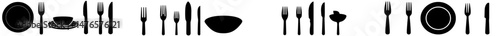 A fork, knife, plate, and spoon, along with a menu symbol, represent a restaurant icon, which is part of a food and cutlery icon set in modern format