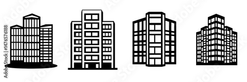 Black skyscraper icon, symbol of urban downtown business offices