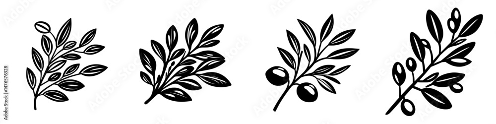 A set of hand-drawn olive twigs is depicted in isolation on a white background, presented as a simple doodle in outline form, suitable for various decorative applications A set of hand-drawn olive twigs is depicted in isolation on a white background, presented as a simple doodle in outline form, suitable for various decorative applications
