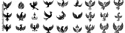 Modern corporate emblems feature red phoenix bird icons, firebird flying on fire flame wings, and other symbolic representations