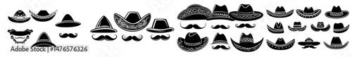 Icons of Mexican mariachi sombreros and mustaches represent Hispanic culture in a fiesta party costume, symbolizing Mexico and amigo men with ethnic ornaments and curly mustaches