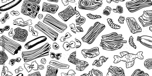 A modern cartoon flat illustration of pasta pattern is suitable for Italian food seamless texture to be used in restaurant menu and product packaging, decor textile, wrapping paper, and wallpaper