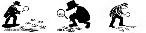 Private investigator scrutinizes footprints with a magnifying glass to uncover evidence, while police agents follow and work together in a lively, contemporary scene