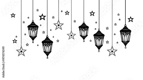 Arabian lanterns and lamps form a border to celebrate Ramadan kareem, reminiscent of Middle Eastern antique kerosene hanging lights and ancient mosque gas lamps