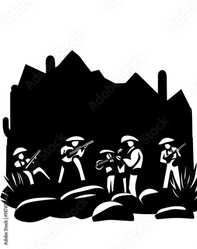A desert landscape at sunset, set in the Wild West, features silhouettes of Mexican mariachi musicians, including cowboys or charro men dressed in modern attire, wearing sombreros and playing